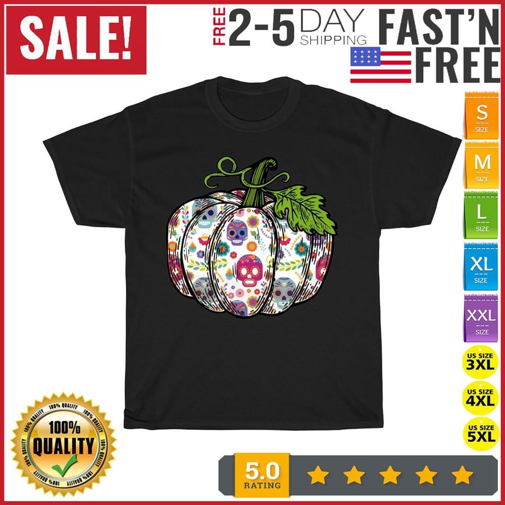 

Sugar Skull Day of the Dead Trendy Fall Pumpkin Vintage T Shirt Men Women NEW 4XL