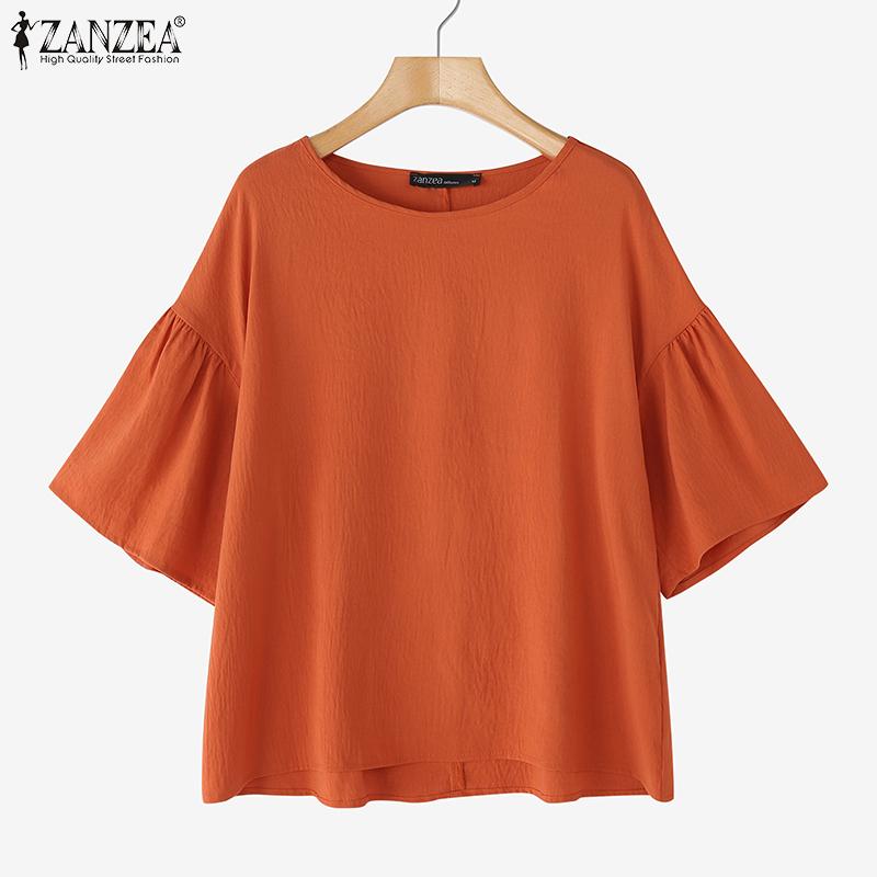 ZANZEA Women Casual Round Neck Solid Color Half Sleeve Blouse