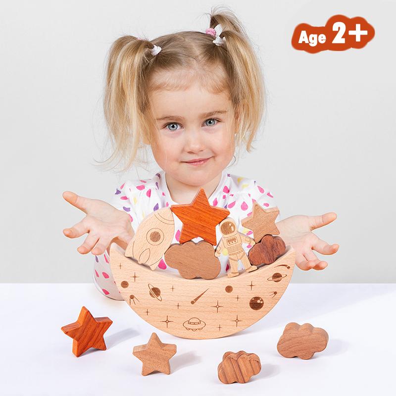 Montessori Toys Wooden Balance Boat Blocks Stacking Tower Games Space Moon Balance Blocks Fine Motor Skill Early Education Toys