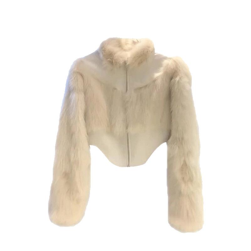 

Women s Beige Faux Fur & Leather Cropped Jacket High Neck Zip-Up Winter Coat S білий