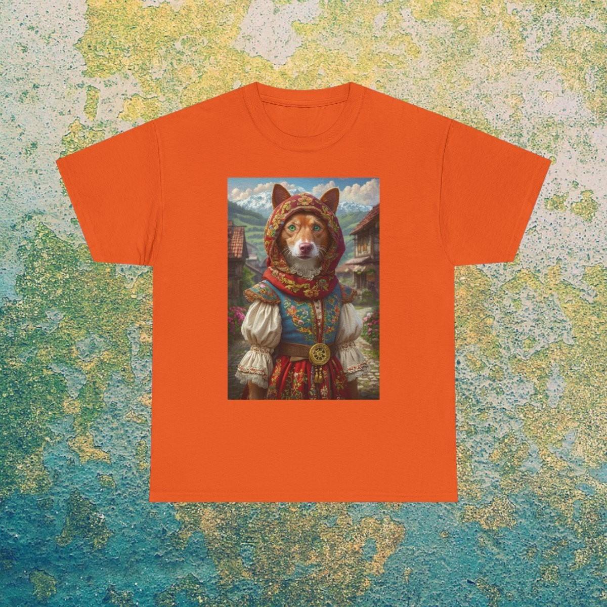 Funny Orange Dog T-Shirt | Slavic Folk Art Puppy in Eastern European Village 3XL