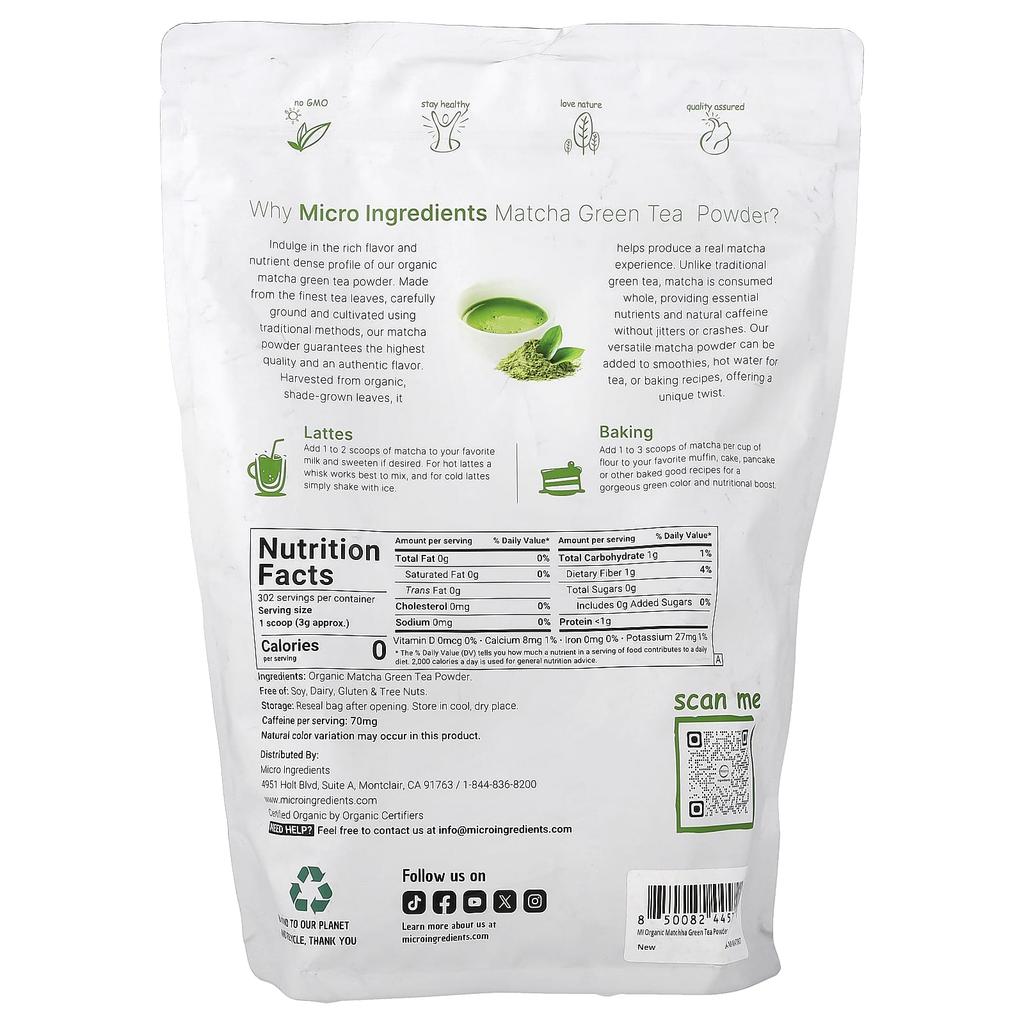 Micro Ingredients Organic Matcha Green Tea Powder, 907g (2lb)