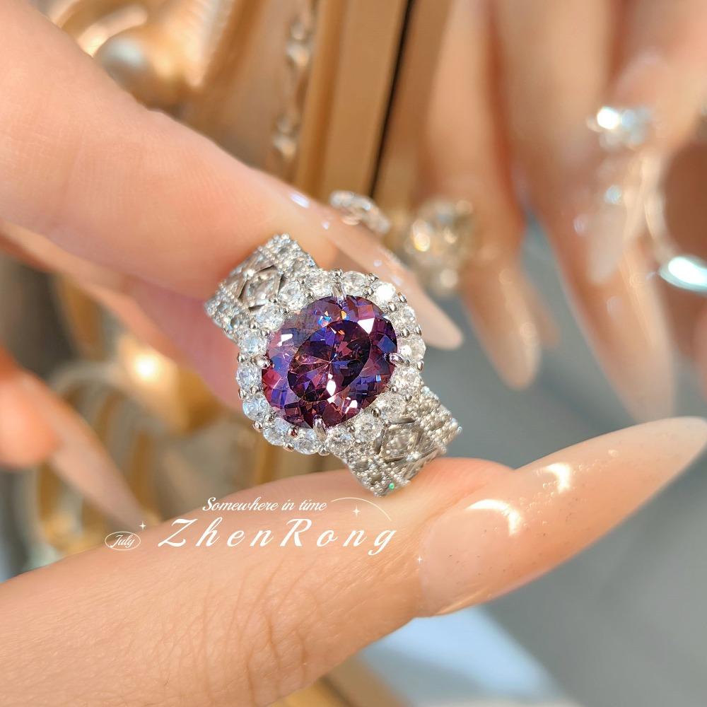 Women Jewelry Set Italian Alexandrite Ring with High Carbon Diamond Dry Rose Ice Cut Pendant