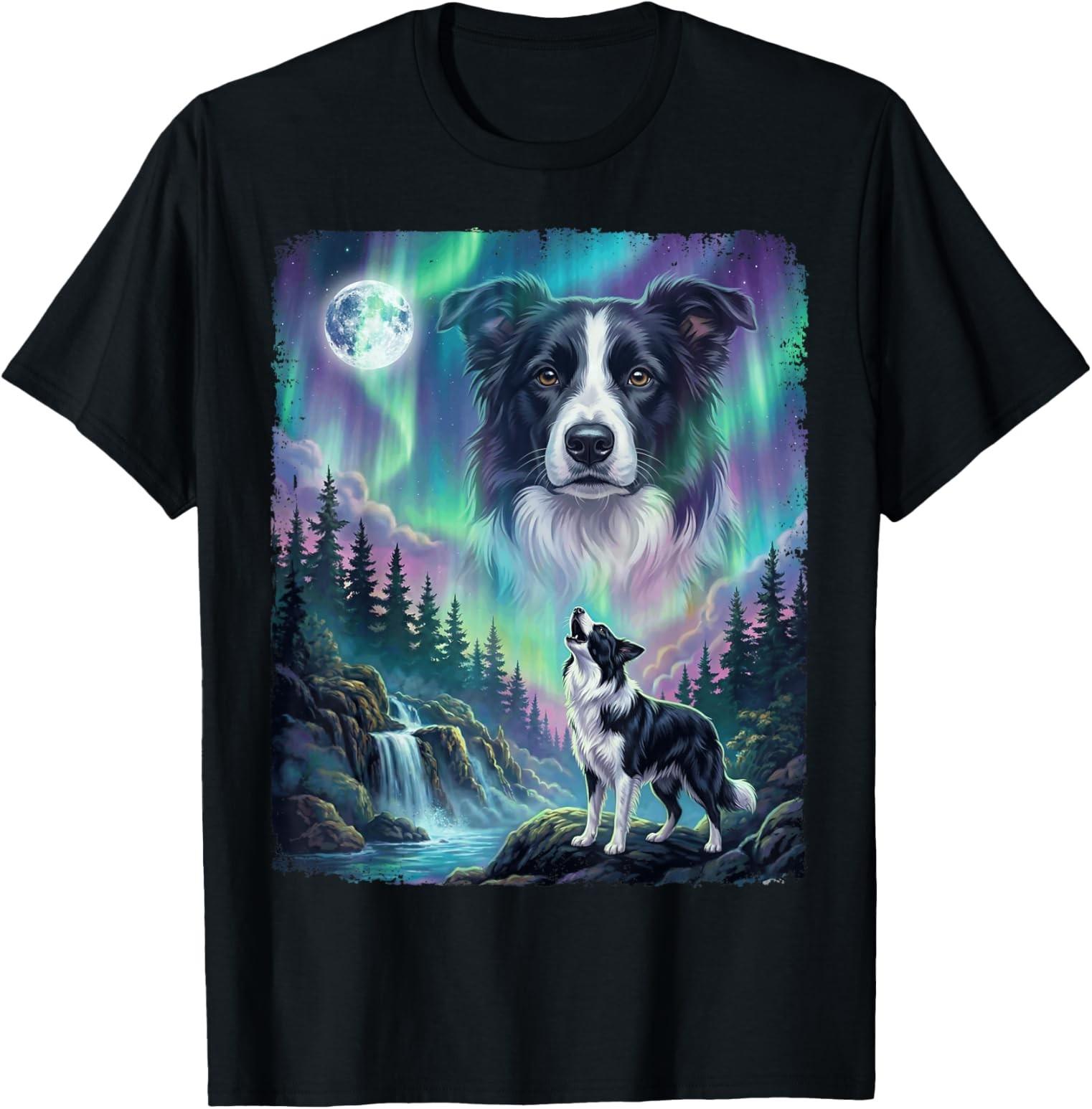 Border Collie Howling Dog Northern Lights Moon Forest T-Shirt Gift S-4XL S разноцветный