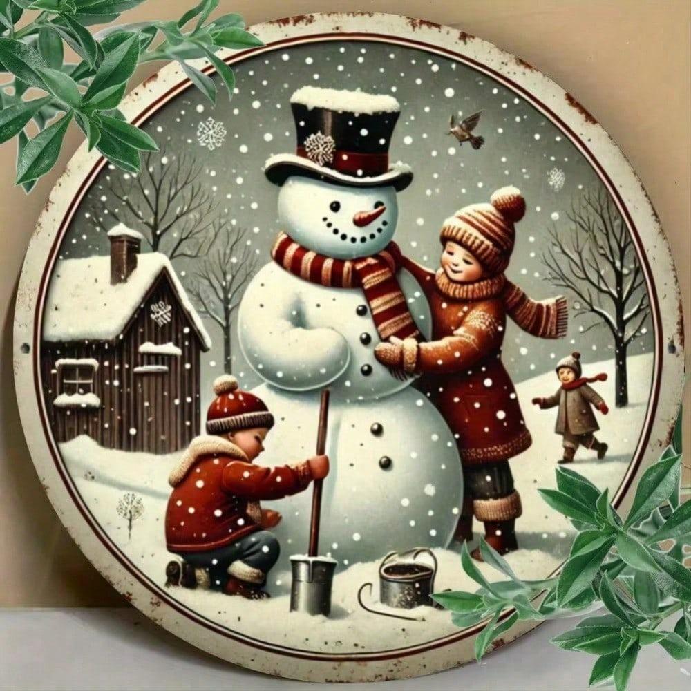 Vintage Snowman Family Metal Round Wall Sign Rustic Christmas Wreath Decor Farmhouse Kitchen Living Room