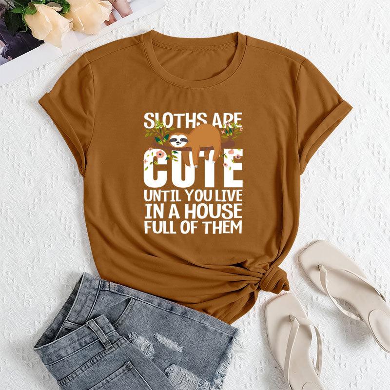 Summer Women's Fashionable Letter Sloth Short Sleeved Casual Loose Cotton Round Neck Top
