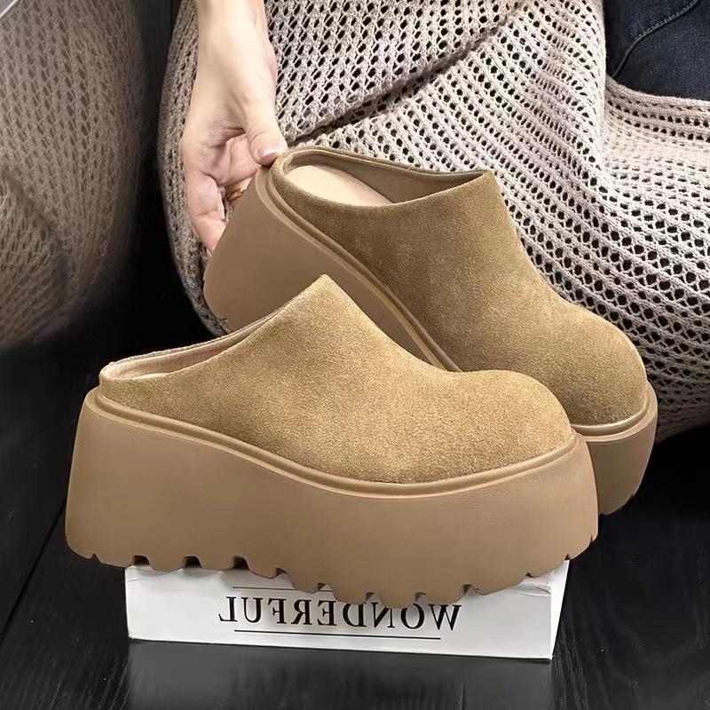 Fashion AJGS Vintage Platform Heel Women Warm Cotton Mules Slippers Fashion Cover Toe Slip on Shoes Ladies Comfort Outdoor Lazy Slides
