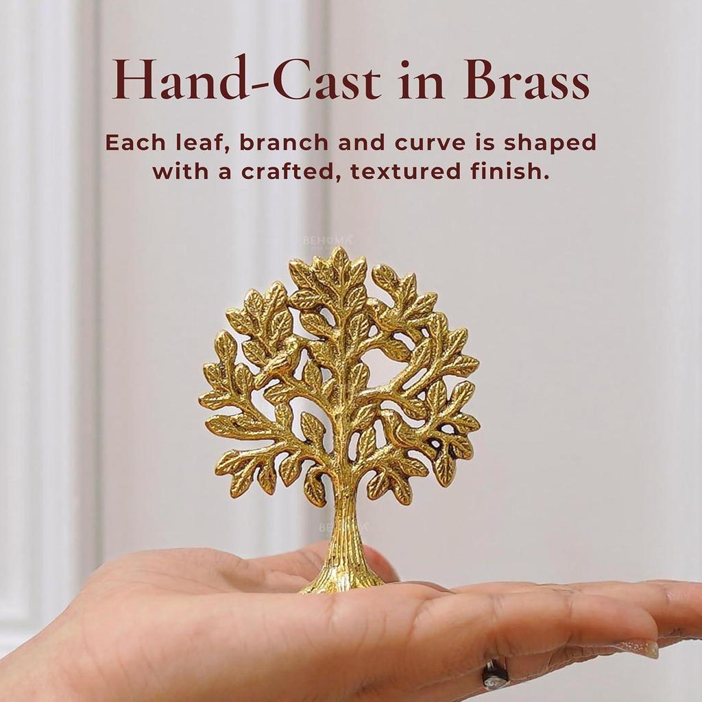 Pure Brass Kalpvriksh Tree with Birds | Tree of Life Showpiece for Car Dashboard & Table Decor (8.5 Cm)