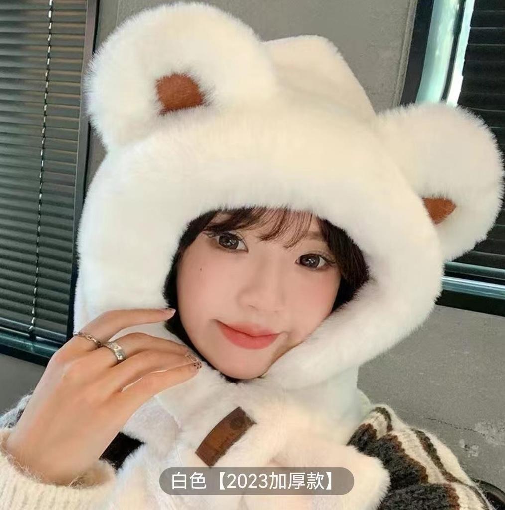 Women Winter Integrated Hat And Scarf Thick Fleece Warm Cartoon Fox Ear Decor Windproof