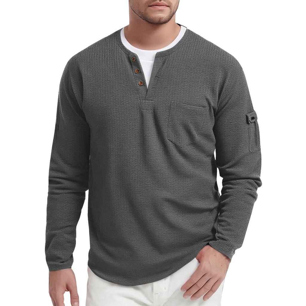 Men's Spring Solid Color Fake Two-Piece Double-Layer V-Neck Pocket Long Sleeve Top