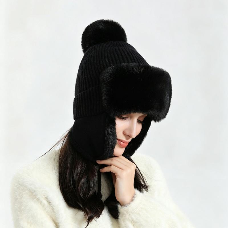 Zeyu Unisex Winter Faux Fur Trapper Hat Warm Fluffy Breathable Knitted Earflap Pom Pom Windproof Cold Weather Sports Travel ODM