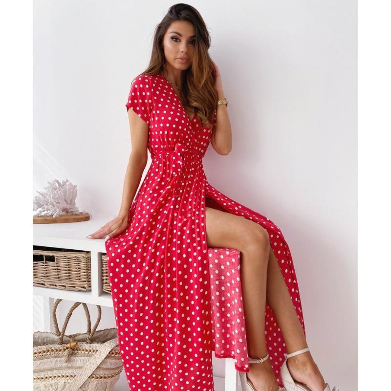 Women's Polka Dot V Neck Short Sleeve High Slit Maxi Dress Casual Wrap Long Sundress