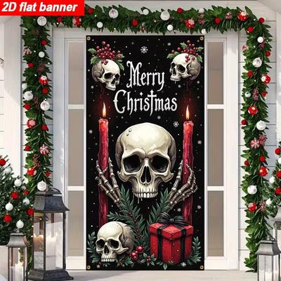 2D Dark Merry Christmas Skull Door Banner, Spooky Gothic Holiday Backdrop