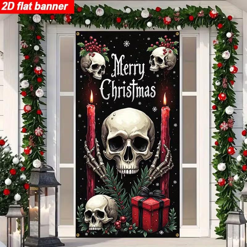 

2D Dark Merry Christmas Skull Door Banner, Spooky Gothic Holiday Backdrop 47.2x31.5inch/120*80cm