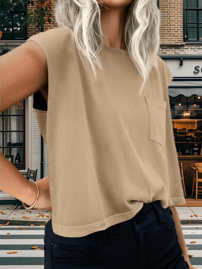 Women's Cap Sleeve Crop Tank Top Crew Neck Loose Fit Basic Vest with Pockets