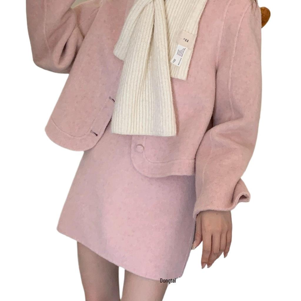2025 Fall/Winter French Chic Pink Wool Coat & Skirt Set for Women
