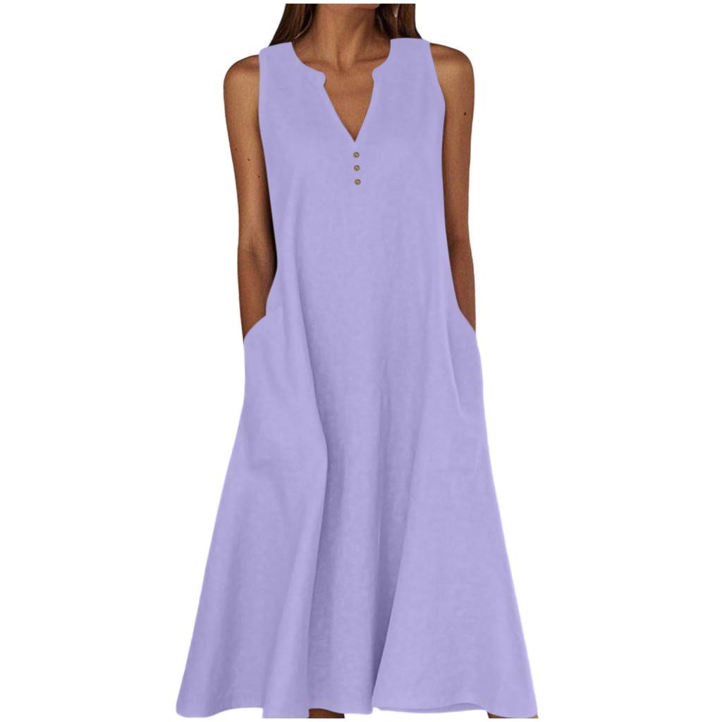 Women's Sleeveless V-Neck Button Front A-Line Dress with Side Pockets in Multiple Colors