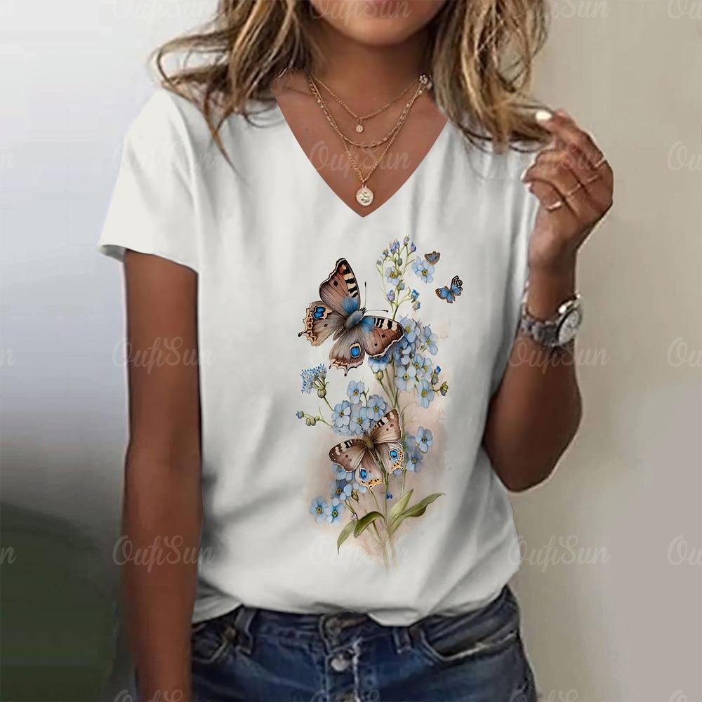 New Women T-shirt Simple Graphic Print Oversized Women's Trending Clothing Fashion Short Sleeve Shirt Women V-Neck Blouse 2024