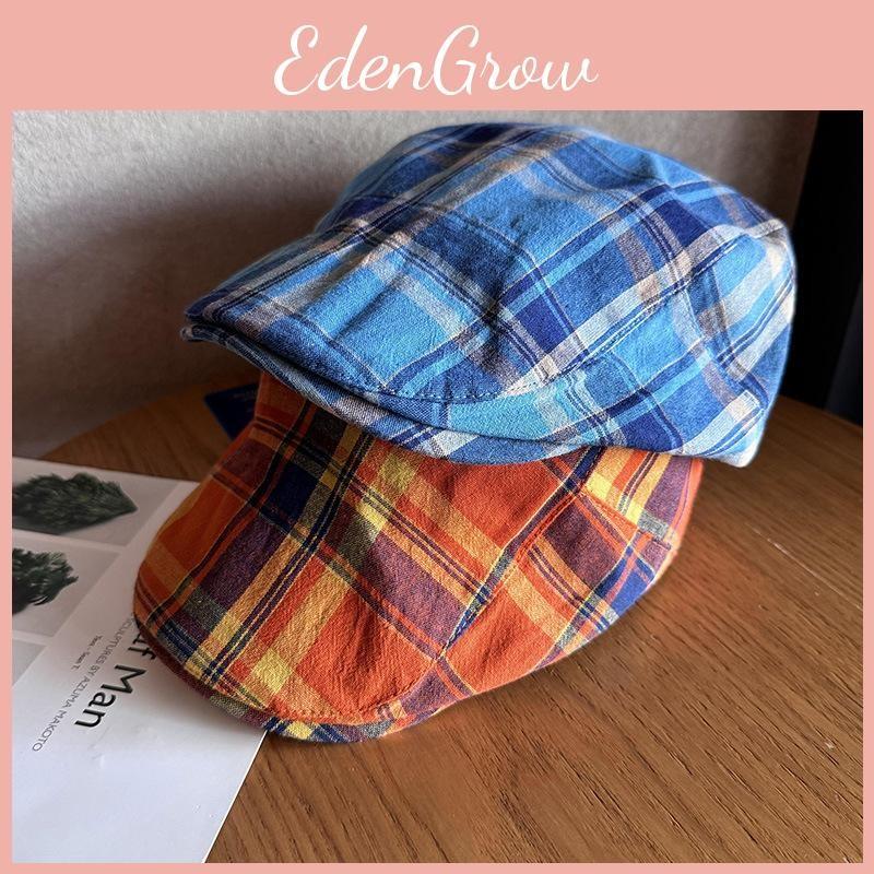 Grid Clashing Color Summer Breathable Cotton Blended Beret Hat Fashion Women