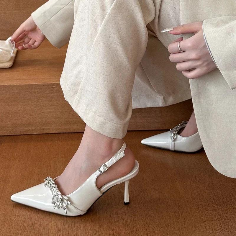 Mode 2025 Sommer Mode Kristall High Heels Pumps Damen Spitzschuh Dünner Absatz Party Schuhe Frau Lackleder Schnallenriemen Sandalen