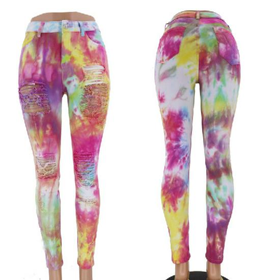 

European & American Tie-Dye Light Wash Denim Women s Pants 2022 3XL рожевий