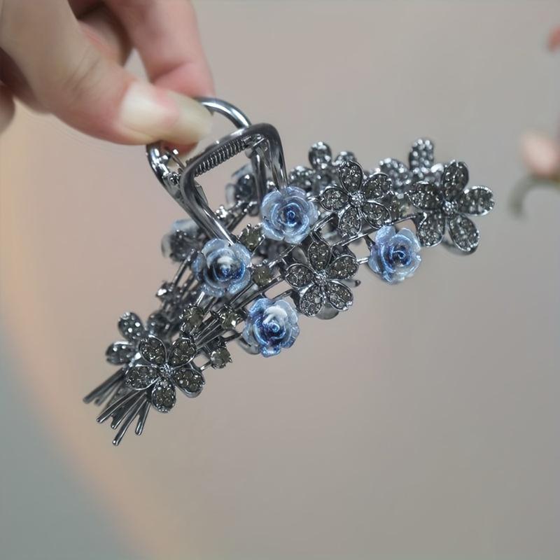 1PCSLarge Vintage Rose Flower Hair Clip with Rhinestones, Elegant and Versatile Fashionable Hair Accessory