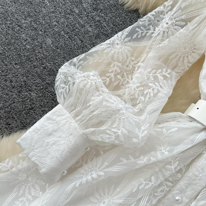 Retro Dress Women's Spring Ruffled Embroidered Single-breasted Dress