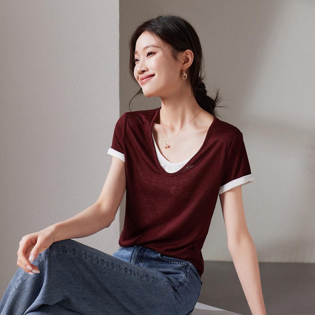 Color Blocking Fake Two Round Neck Short Sleeved T-shirt for Women In Summer 2026, Versatile and Slimming Casual Top
