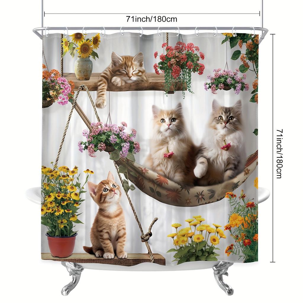 1/4pcs Luxury  Funny Cat  Waterproof Shower Curtain Set Decorative Bathroom Set Non-Slip Carpet Toilet Cover Bath Mat And 12 Hooks
