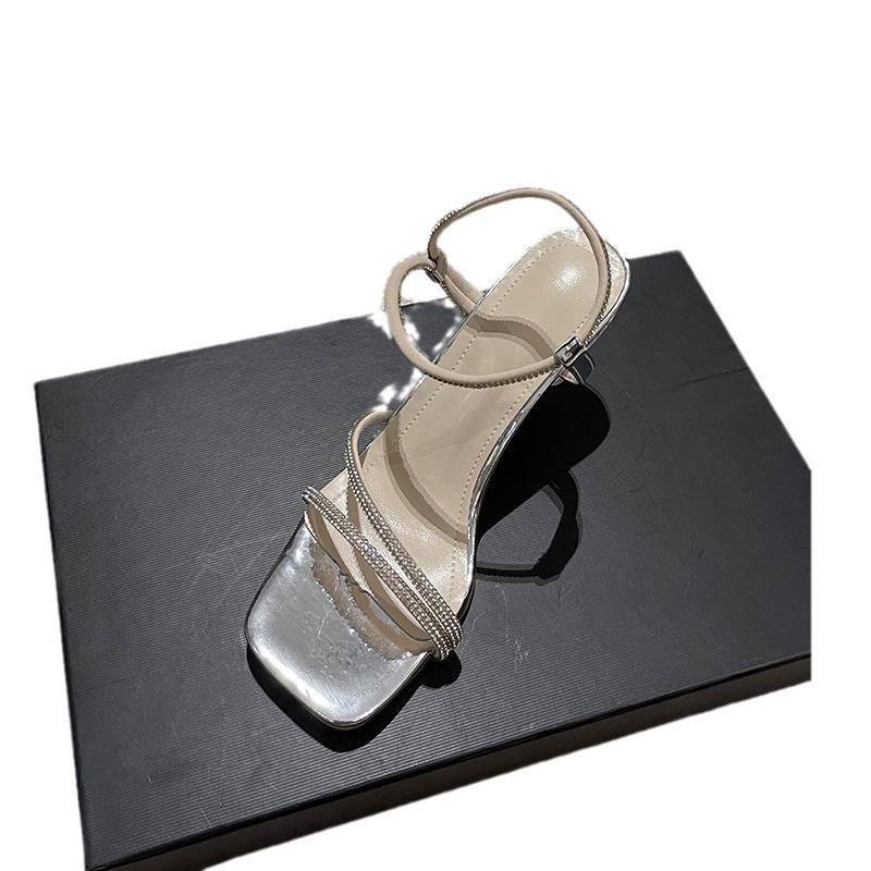 Fashion New Summer Stiletto Sandals Women's Fashion Square Head Open Toe Glitter Thin Strap Set Foot Anti-slip Wear-resistant High Heels