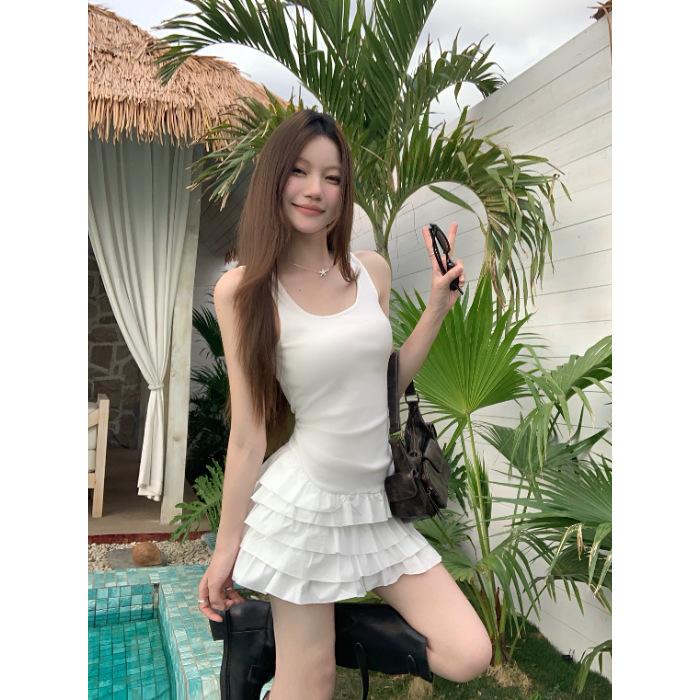 Sweet Square Neck Suspender Dress Slim Fit Summer Waist Splicing White Sleeveless Cake Ballet Short Skirt Ins