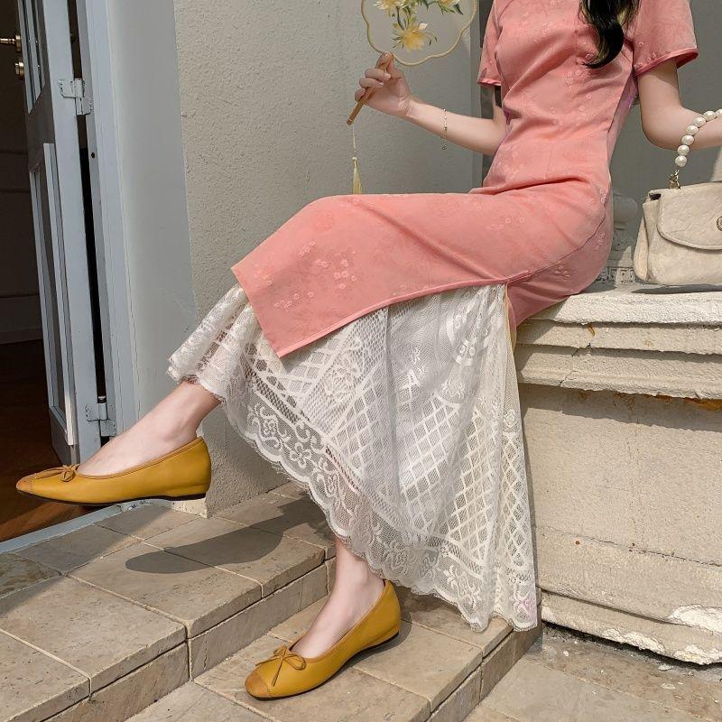 

Белый кружевной подъюбник-чонсам с ажурным узором - Юбка миди в французском стиле One Size абрикосовый