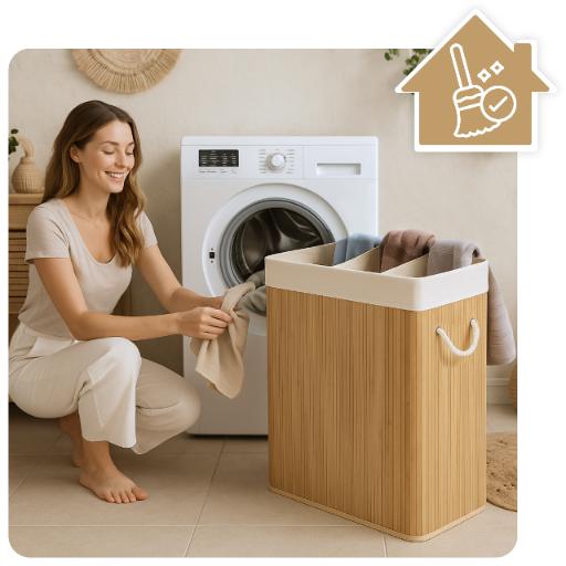Three-compartment bamboo laundry basket, beige, 100 l