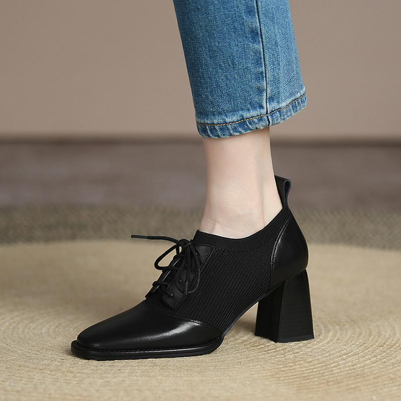 Spring Women Shoes Pumps Square Toe Lace-Up Chunky Heel Shoes Women Casual Solid Split Leather Shoes For Women Heels Shoes