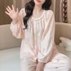 2026 Women's Double Long Cloud Cotton Pajama Set, Spring/Autumn Cardigan Style with Lace, Sweet Solid Color Home Wear
