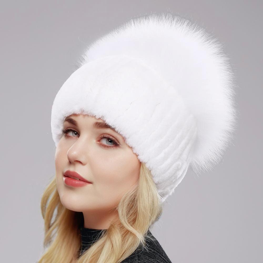 Nové Dámské Zimní Luxusní Čepice z pravé Rex Králičí kožešiny Pletená Rexová králičí kožešinová čepice Top Přírodní Liščí kožešina Čepice Originální Liška Čepice Beanies