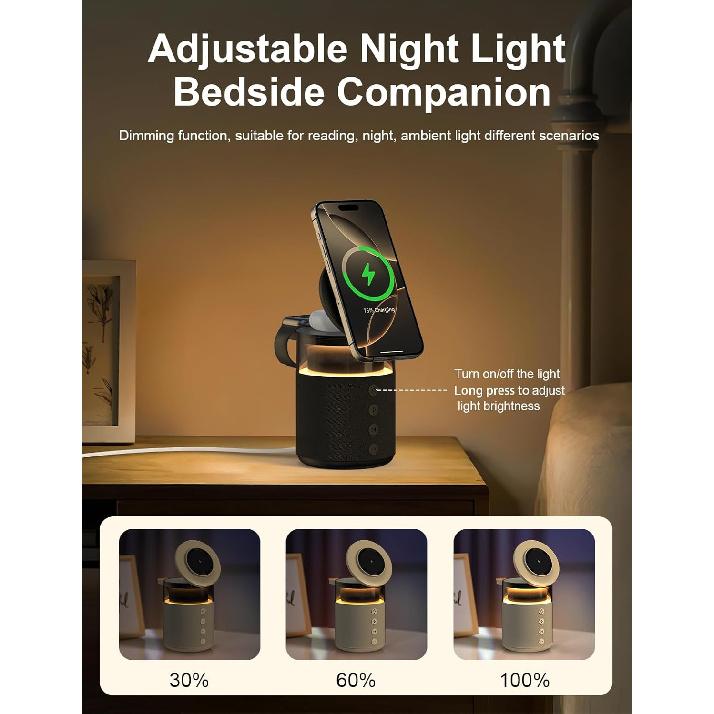 5-in-1 Wireless Charging Station with Bluetooth Speaker,Magnetic Charger with Night Light,Charger Stand with 33W Adapter Compatible with Apple