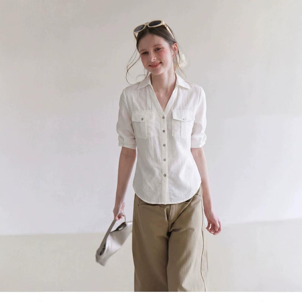French white linen old money style shirt women's summer high-end cotton and linen waist shirt temperament five-quarter sleeve top
