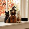 Rustic Autumn Tiered Tray Decor Halloween Wooden Witch Statue, Retro Felt Style Black Cat Ghost Decorative Figures Bat for Shelf Desk, Spooky Festive