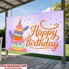 2D Cartoon Cake Happy Birthday Backdrop, Purple Confetti Photography Background Cloth for Toddler Birthday Party