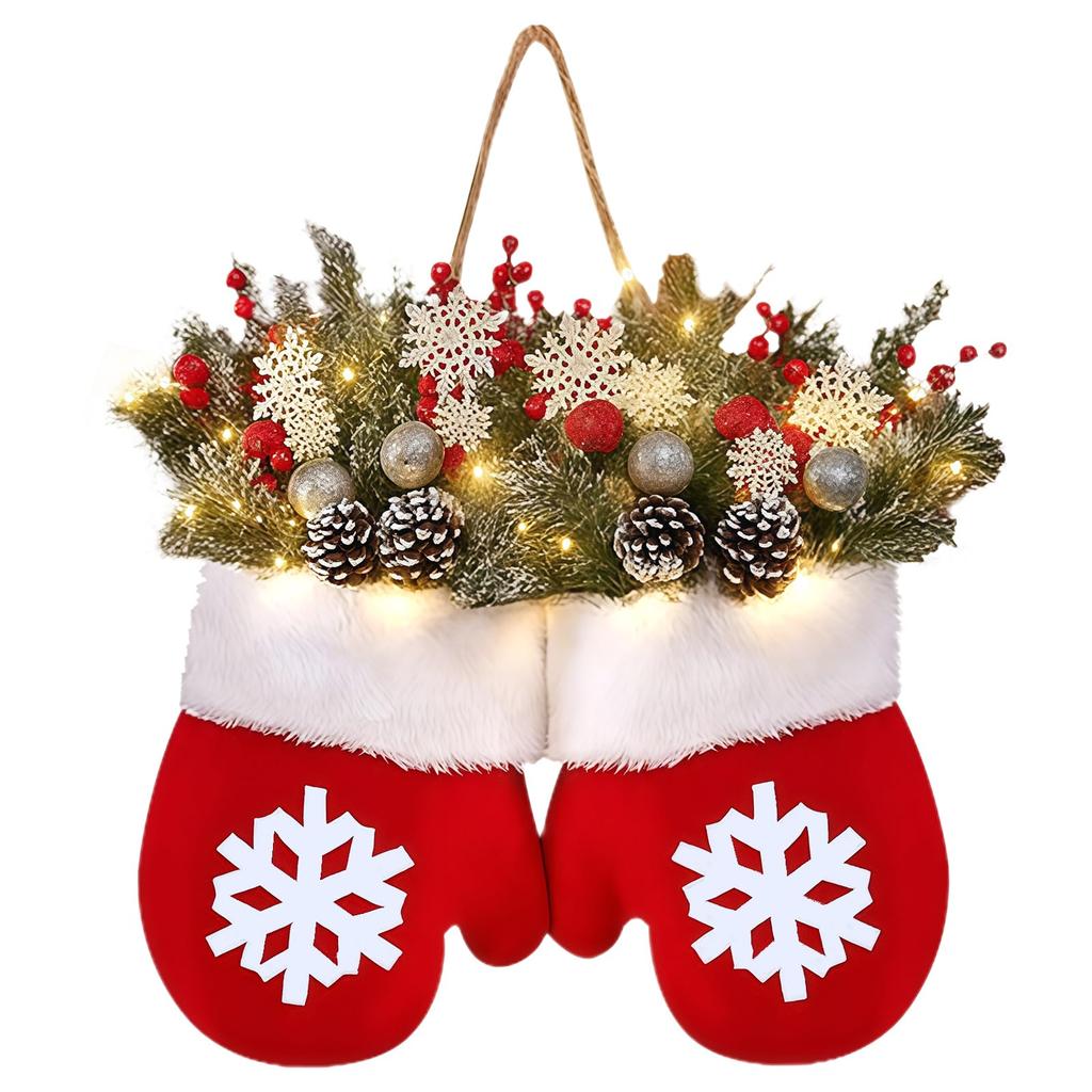 Twinkling Christmas Mitten Wreath Artificial Lights Garland Decorations LED Pre-Lit Berries Pine Branches Hanging Ornament