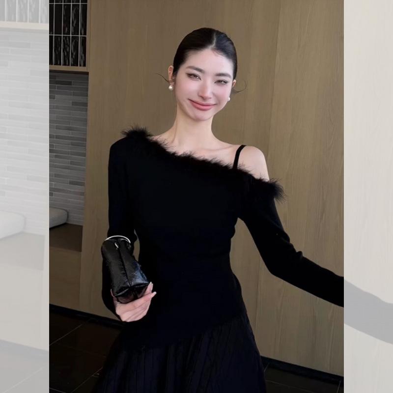 

Korean Style Gray One-Shoulder Knit Top for Women - Unique, Beautiful Autumn/Winter Inner Layer One Size