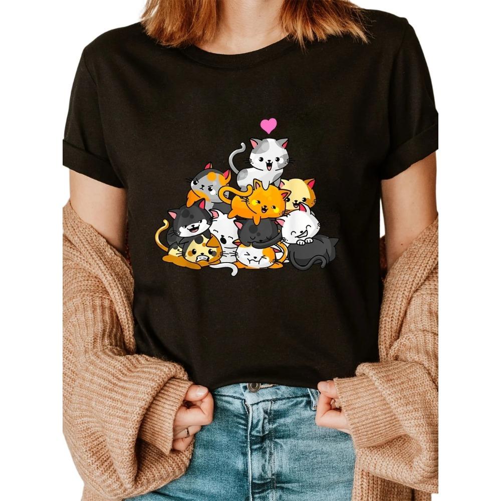 

Cats Print Crew Neck T-Shirt Casual Short Sleeve for Spring Summer Women s Clothing Harajuku Sleeve Casual Aesthetic Clothes M