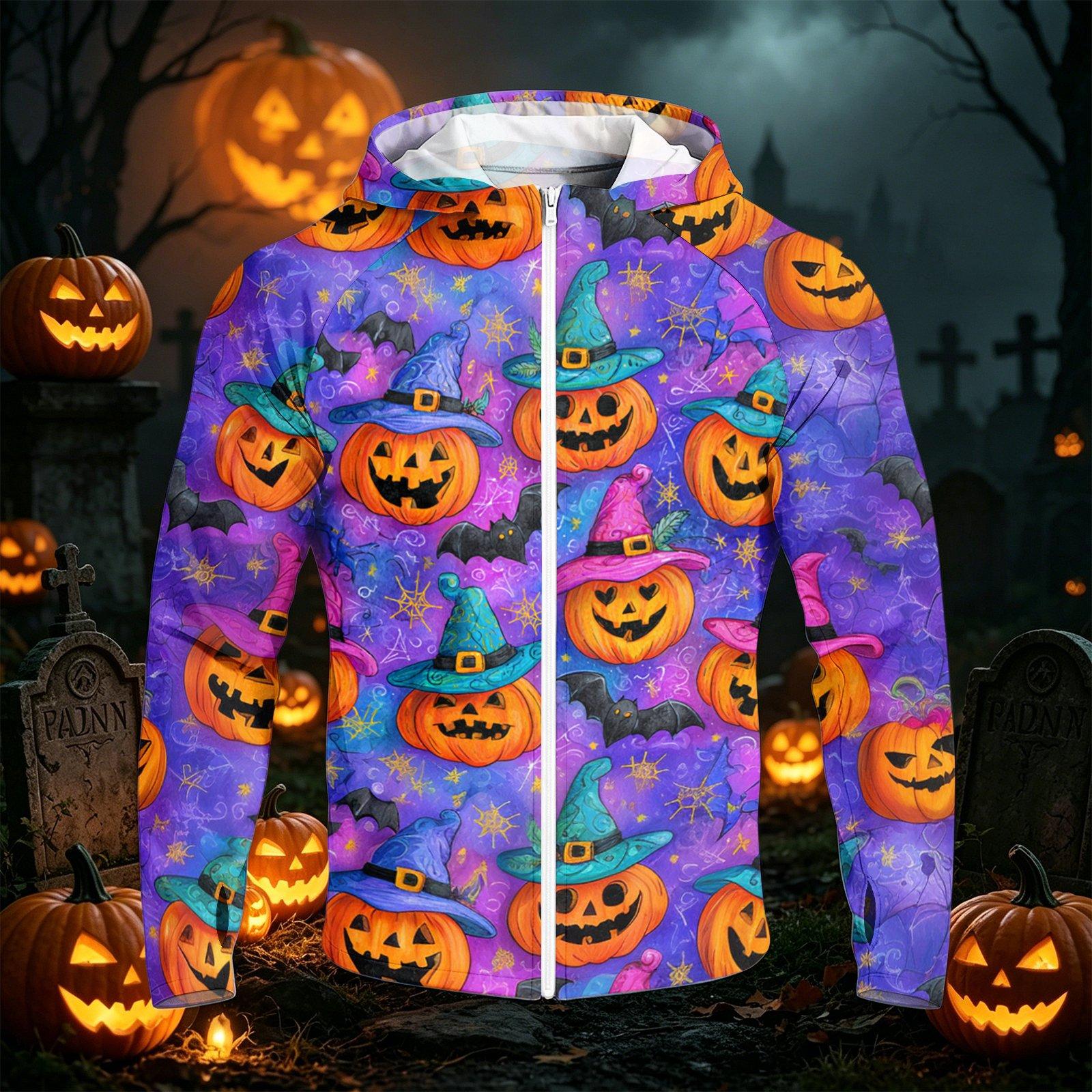 Men s Casual Raglan Hooded Long Sleeve Sun Jacket with Halloween Print XXL
