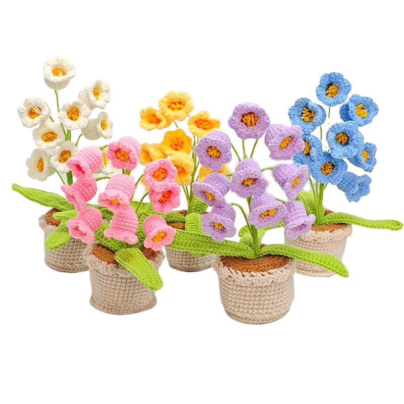 1pc Flower Potted Handmade Tabletop Ornament Elegant Crocheted Knitted 5 Colors Home Decor Artificial Flowers