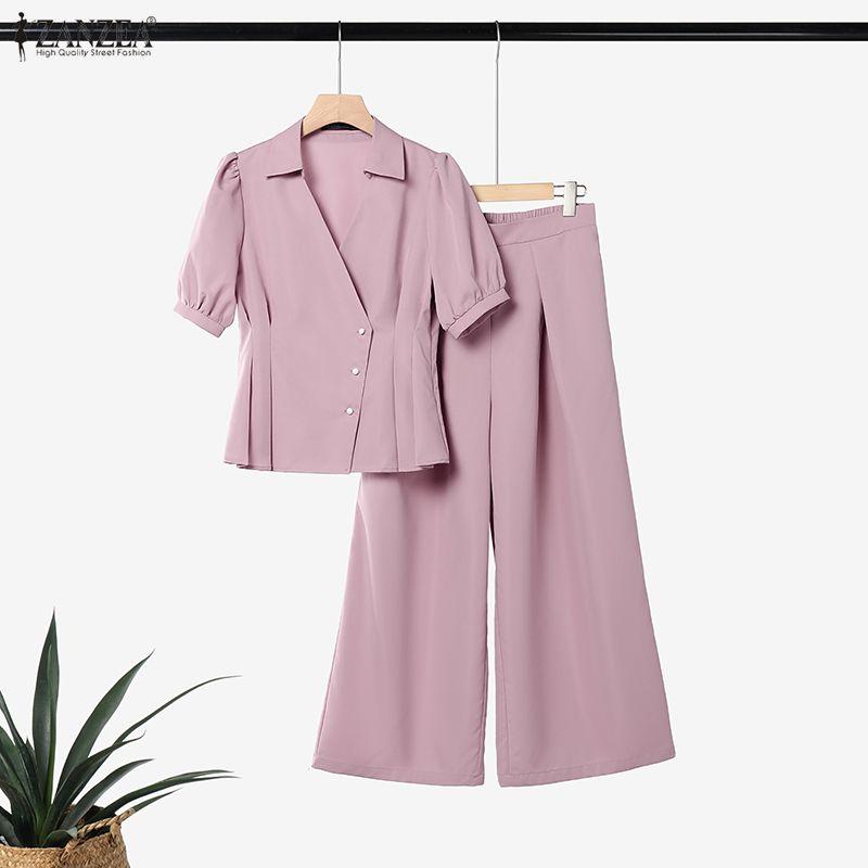 ZANZEA Blusa a Maniche Corte da Donna e Pantaloni a Gamba Larga Set Casual Due Pezzi