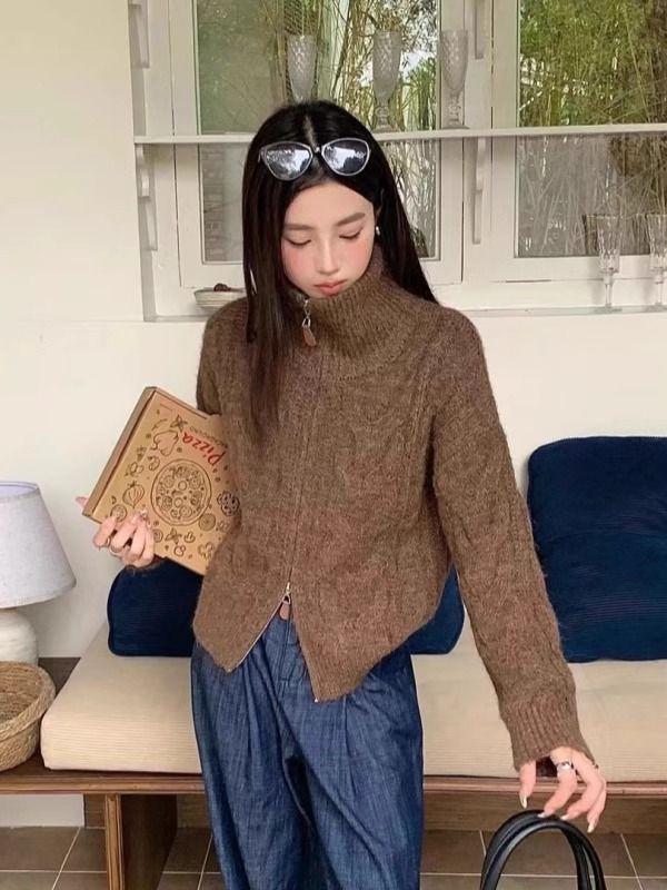 Jian Manni Retro Cable Knit High Neck Sweater Coat - Women's Double Zipper Long Sleeve Cardigan for Autumn/Winter