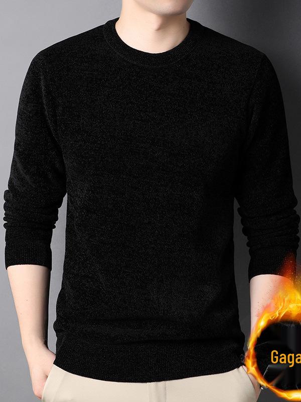 Chenille Men's Thick Knit Sweater - Round Neck, Warm Velvet, Casual Hoodie Pullover
