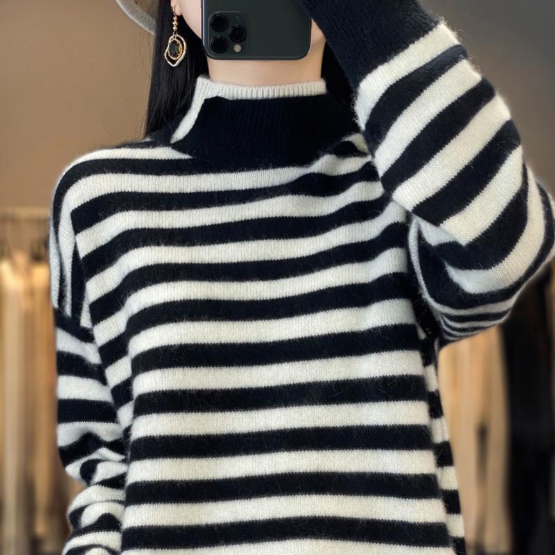 Korean Style Women's Striped Color-Block High Neck Knit Pullover Sweater