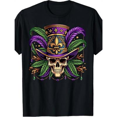 European Sizes 1pc Men'S & Women'S Mardi Gras Skull Print T-Shirt - Black with Green & Purple Fleur-de-Lis & Beads Design